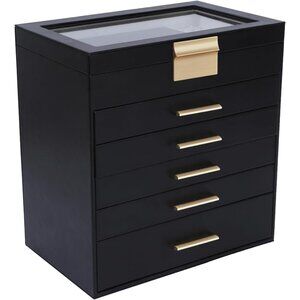 Jewelry Box for Women, Black 6 Layer Large Jewelry Organizer with Glass Lid for